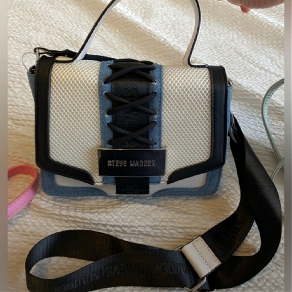 Steve Madden White Denim Mesh/Faux Leather Satchel/Crossbody